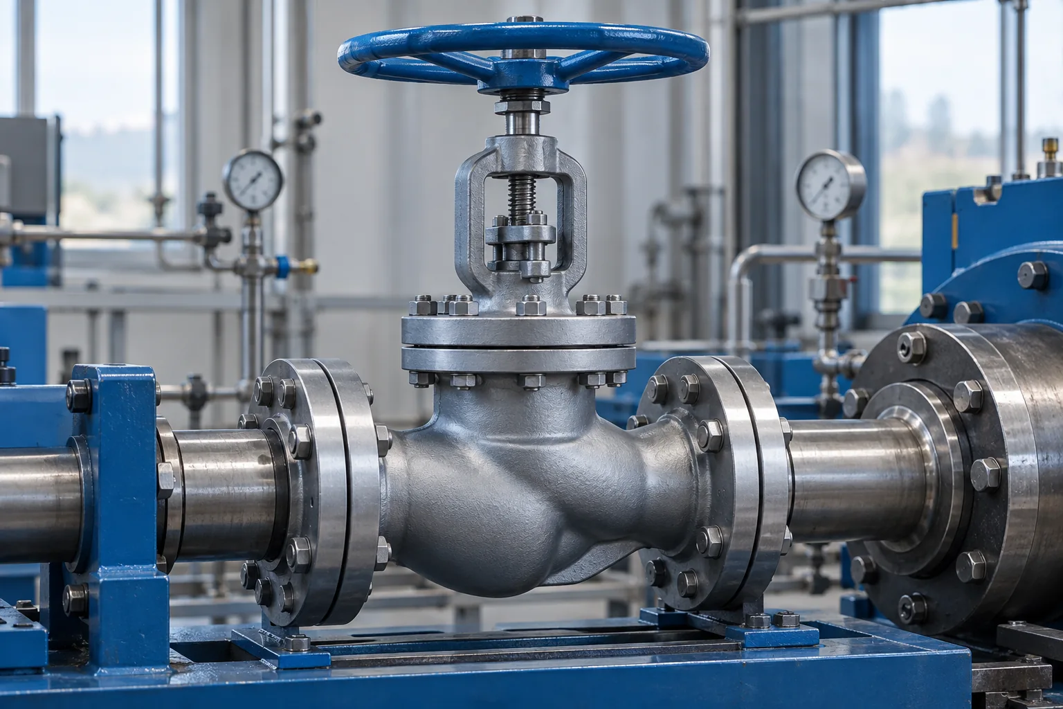Industrial flanged globe valve with handwheel