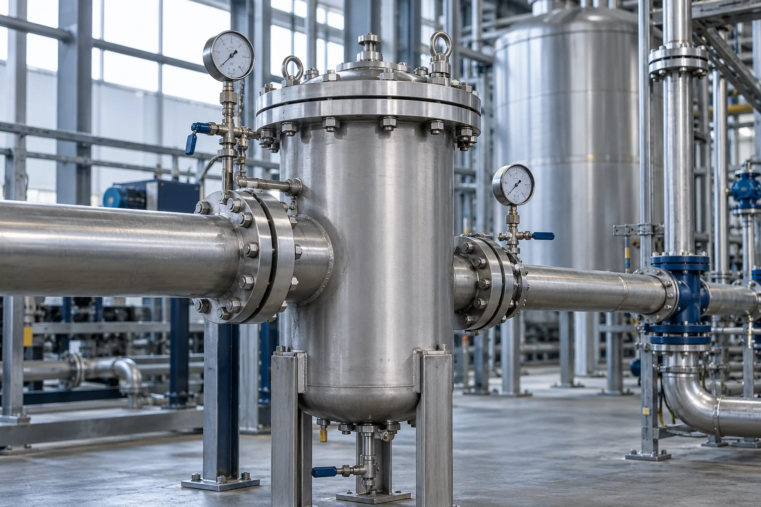 Industrial pressure filter housing with gauges