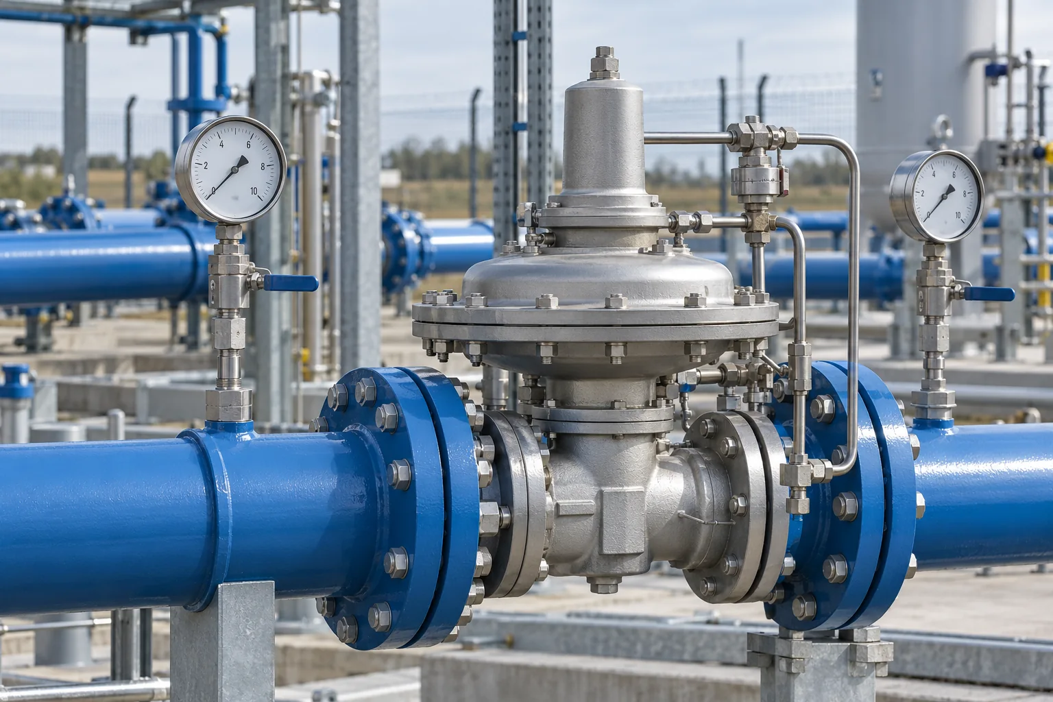 Pressure reducing station with regulators and gauges