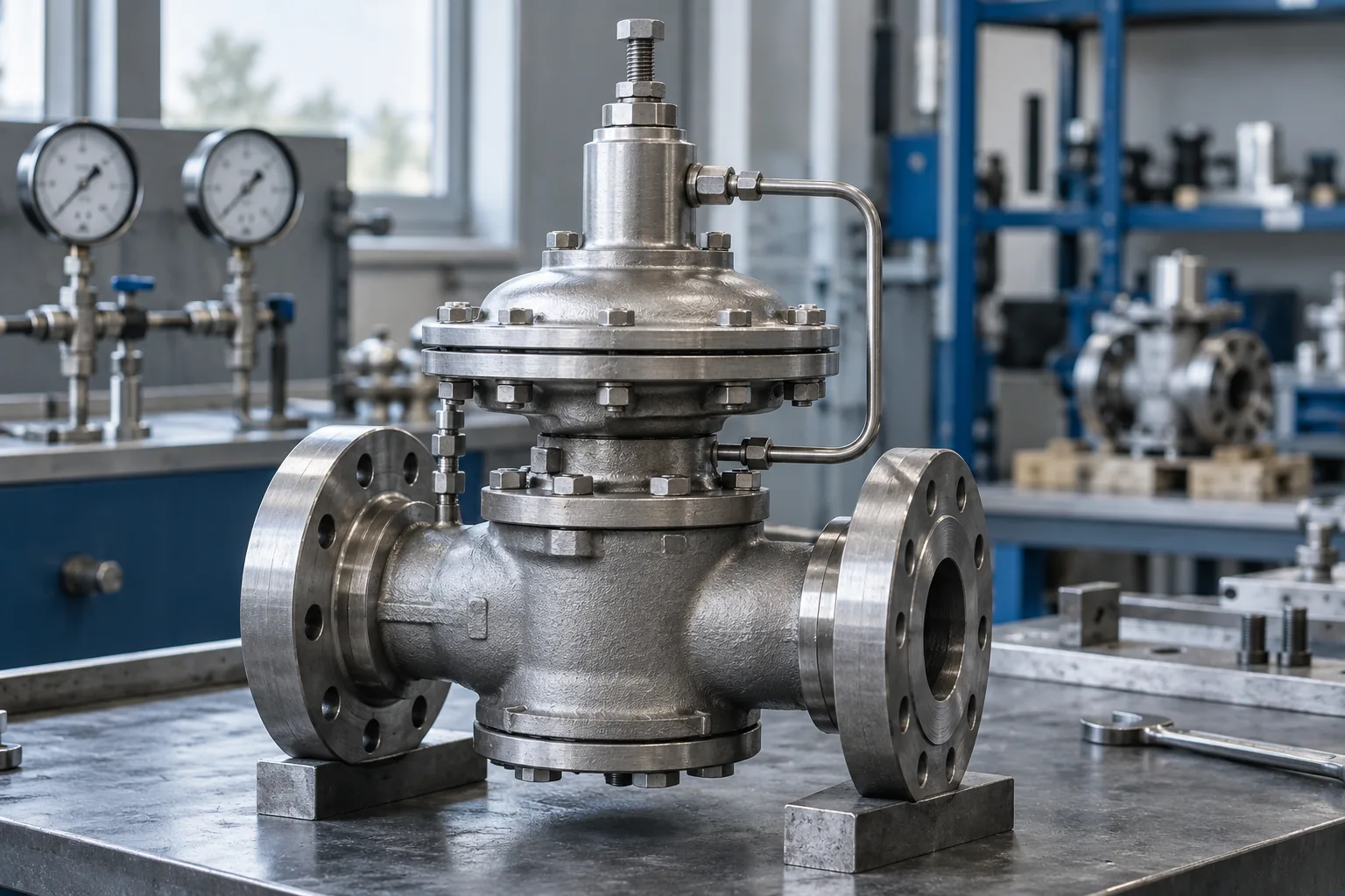 Flanged pressure reducing valve on an inspection bench