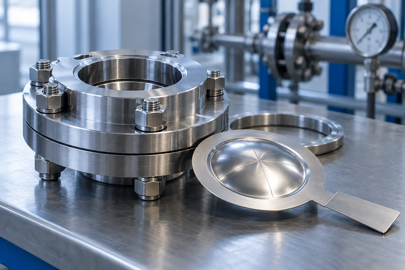 Rupture disc and holder on an inspection bench