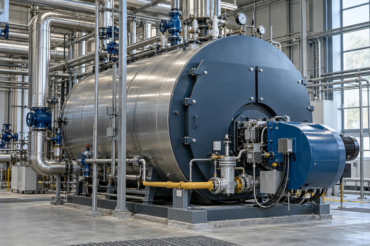 Industrial steam boiler and piping in a boiler room