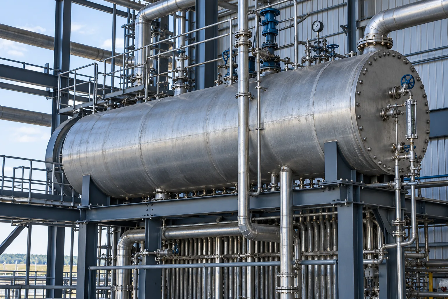 Horizontal steam drum within a boiler installation