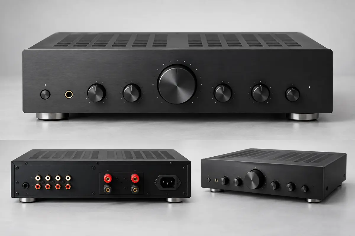 Stereo audio amplifier with control knobs and rear connection panel
