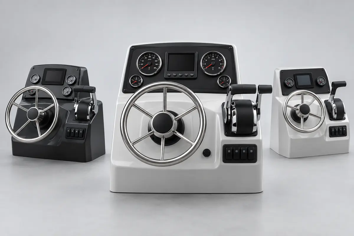 Boat helm control console with throttle lever and instrument panel