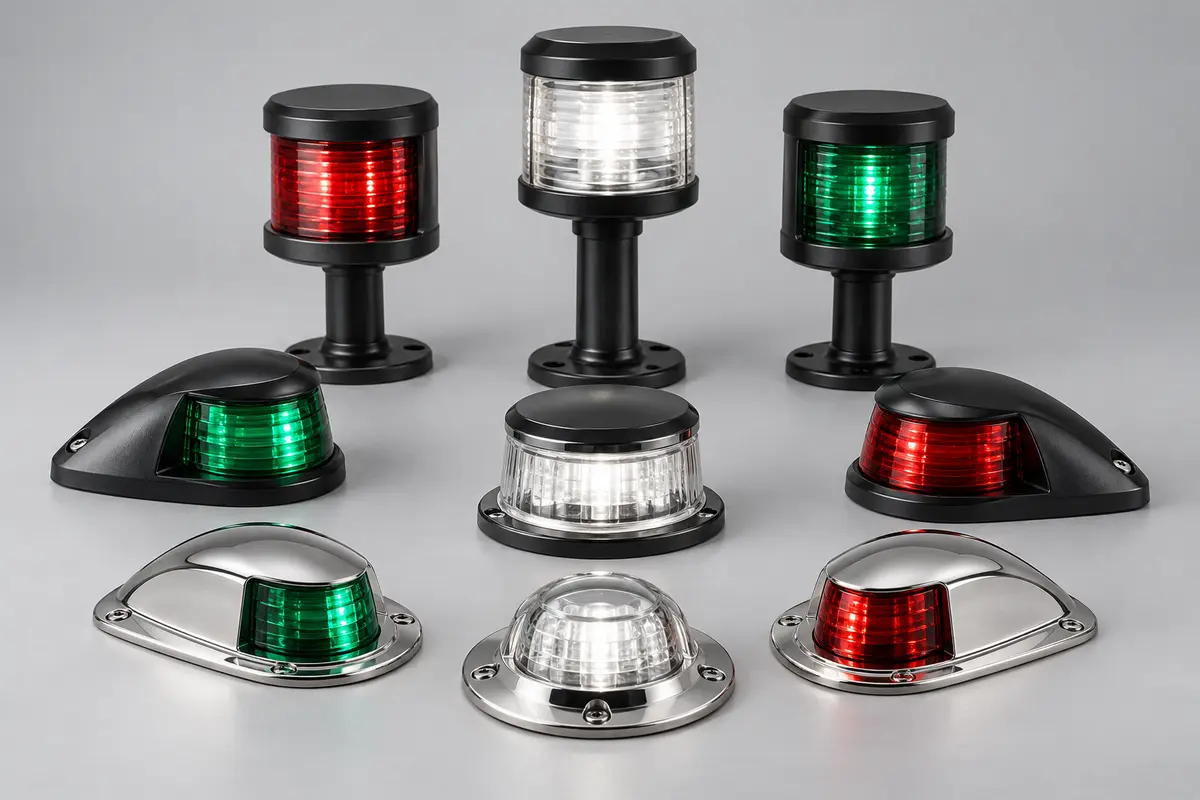 Boat navigation light fixtures with red, green and white lenses