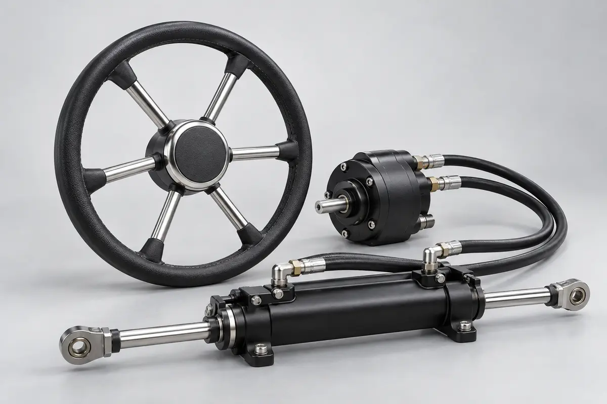 Marine steering wheel with hydraulic helm pump and steering cylinder