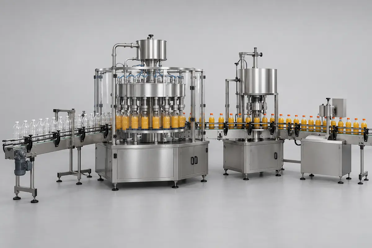 Beverage bottling line with conveyor and rotary filling equipment