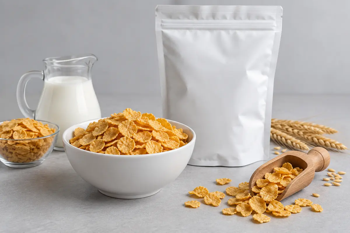 Breakfast cereal flakes in a bowl with an unbranded package
