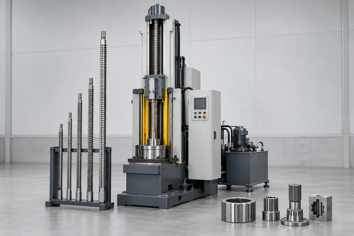 Industrial vertical broaching machine with long toothed broach tool