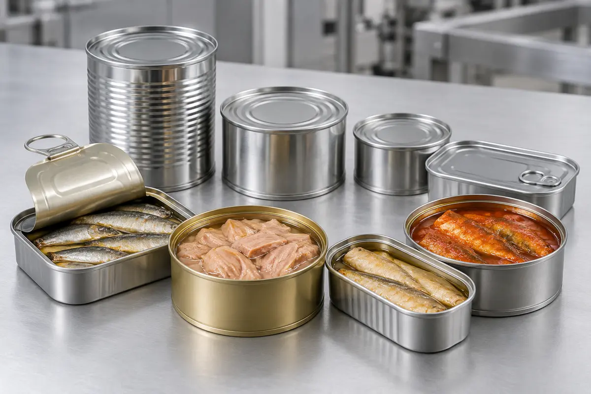 Open canned fish with sealed unbranded metal cans