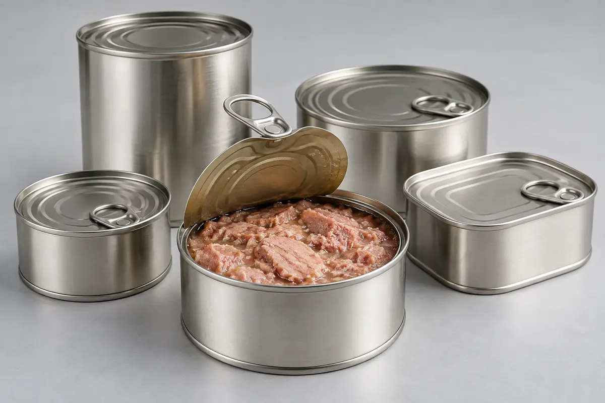 Canned meat with open metal can and sealed unbranded containers