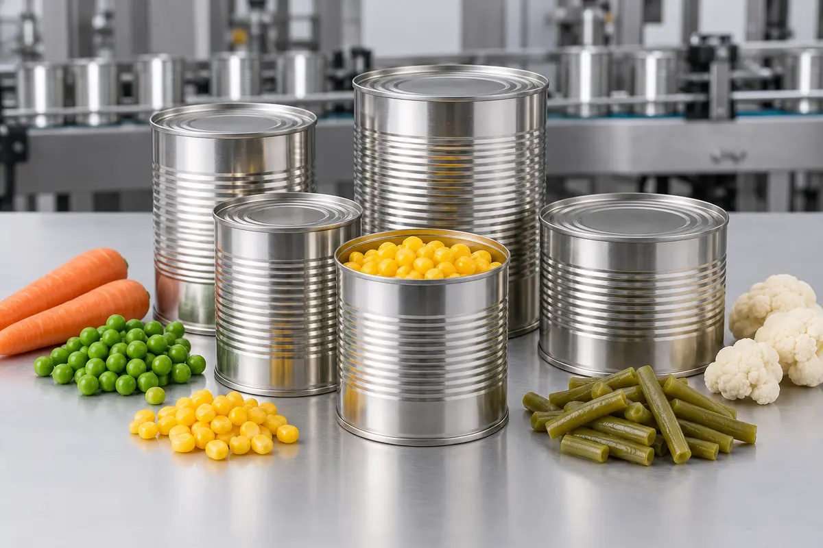 Canned vegetables with open can and sealed unbranded containers