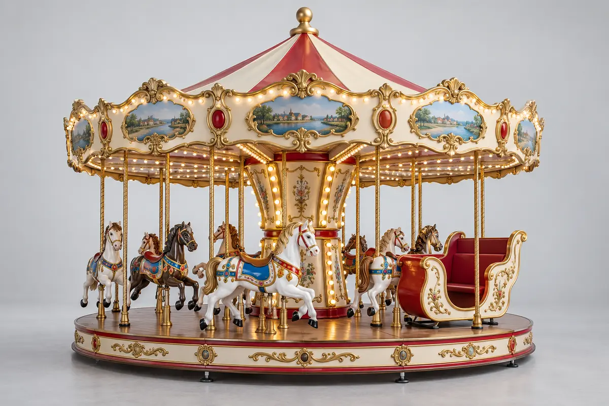 Amusement carousel with decorative ride seats under a canopy