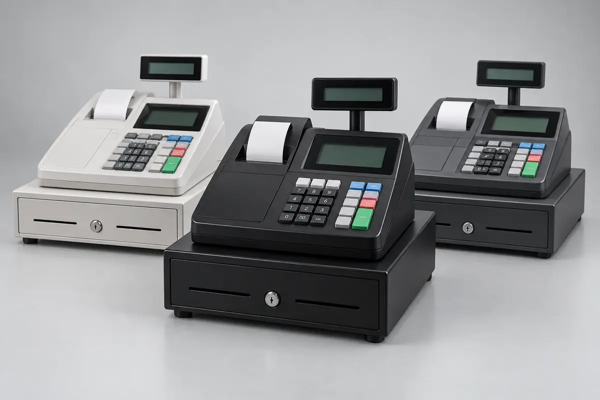 Electronic cash register with keypad, display and cash drawer