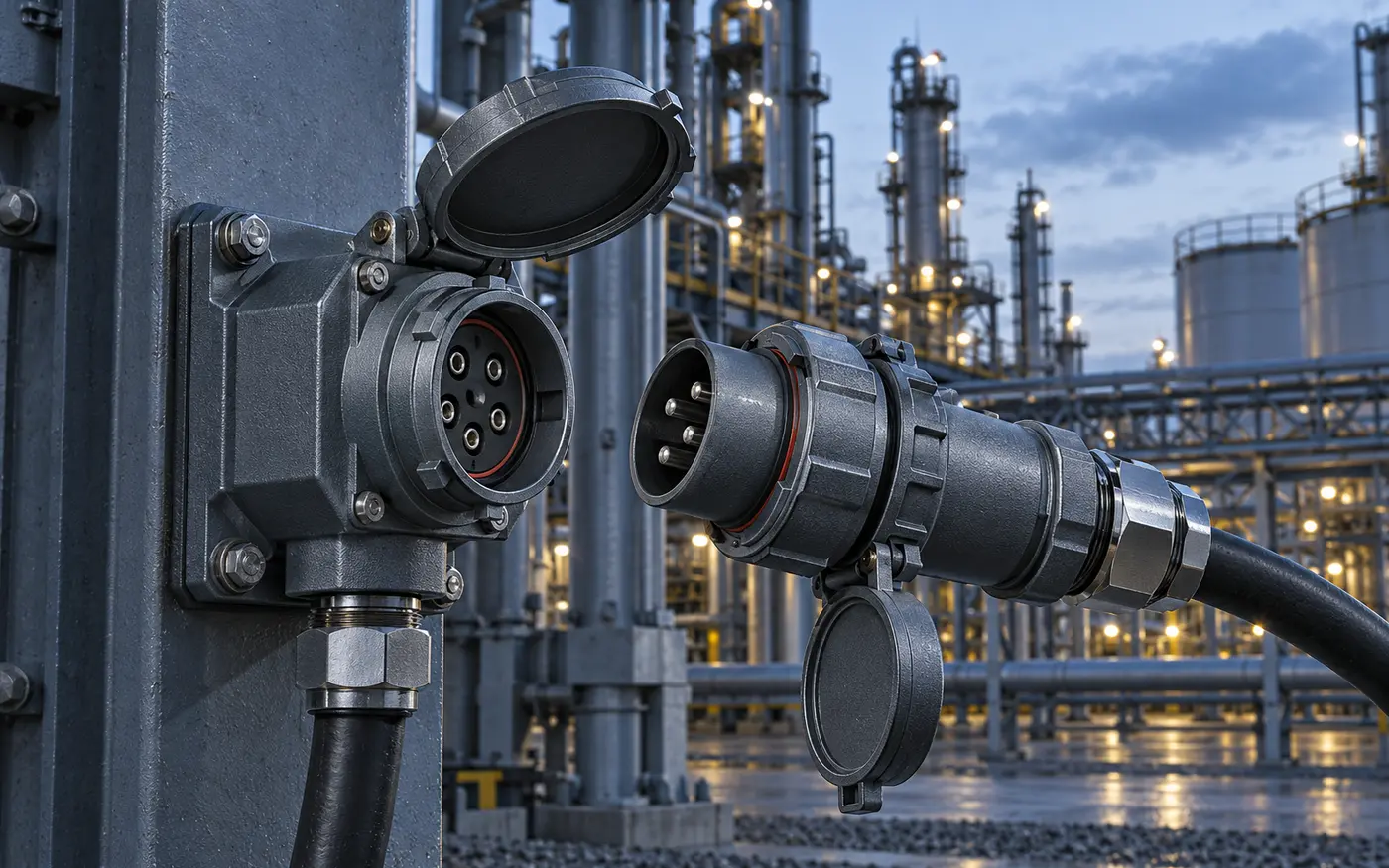 Explosion-proof industrial plug and socket set with protective caps